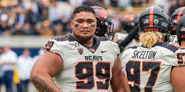 Oregon State Beavers defensive lineman Elu Aydon (99) during a break in the last minute of the game between the Oregon State Beavers and the California Golden Bears on Saturday, October 19, 2019 at Memorial Stadium in Berkeley, California. 