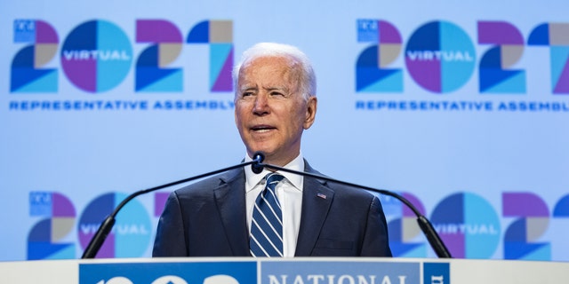 President Joe Biden speaks during the National Education Association's annual meeting. Photographer: Samuel Corum/Bloomberg via Getty Images