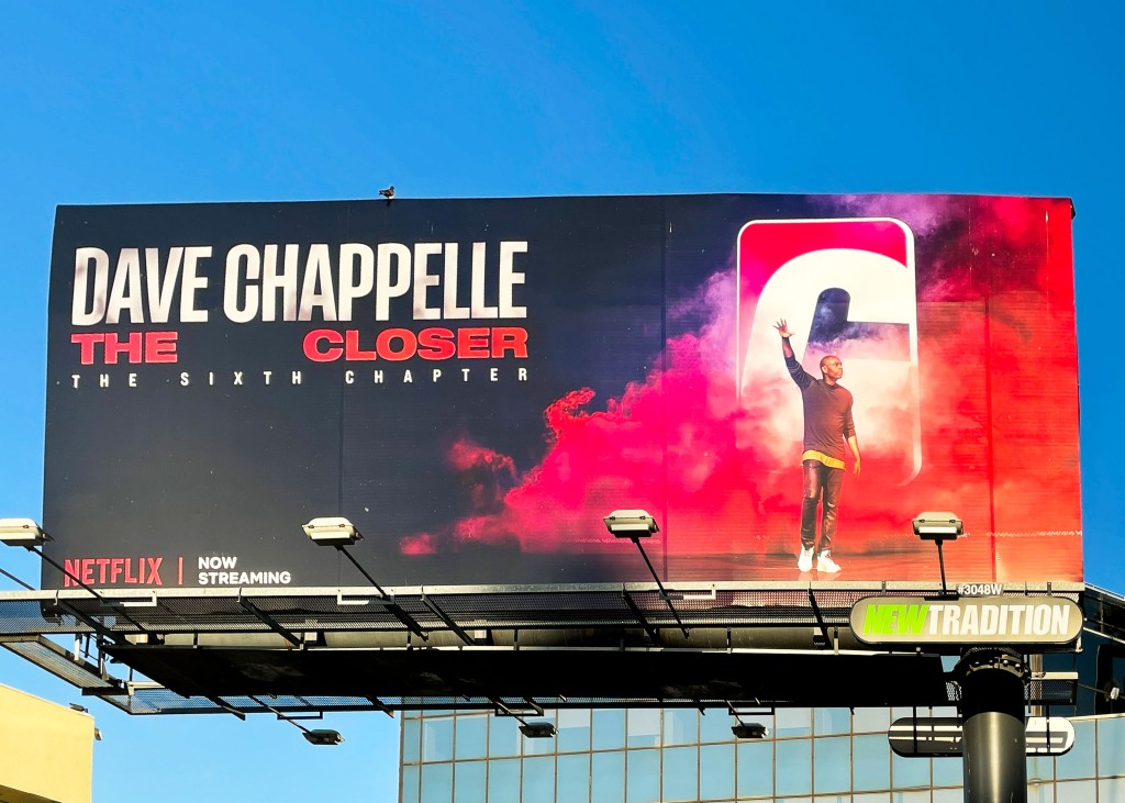 Netflix billboard above Hollywood Blvd promoting Dave Chappelle's controversial comedy special 'The Closer' 
