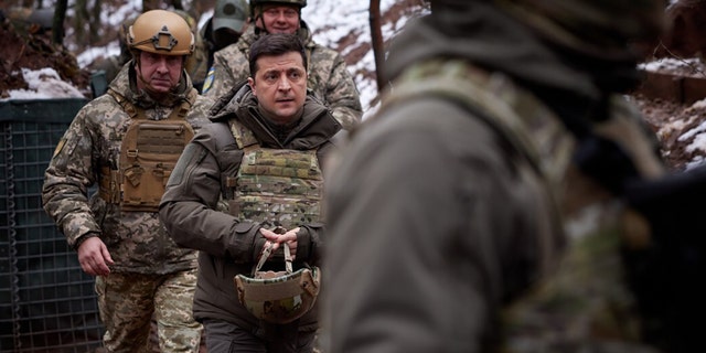 Ukrainian President Volodymyr Zelensky visits the front-line positions of Ukrainian military in Donbass, Ukraine on December 06, 2021. (Photo by Ukrainian Presidency / Handout/Anadolu Agency via Getty Images)