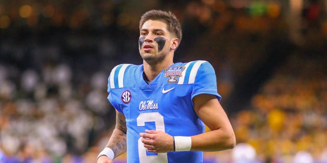 Ole Miss Rebels quarterback Matt Corral was up before the Allstate Sugar Bowl between the Ole Miss Rebels and the Baylor Bears on Jan. 1, 2022, at Caesars Superdome in New Orleans, Louisiana.