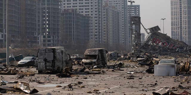 The site of a rocket explosion where a shopping mall used to be on March 23, 2022 in Kyiv, Ukraine.