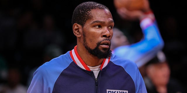 Kevin Durant of Brooklyn Nets warms up before NBA playoffs between Brooklyn Nets and Boston Celtics at the Barclays Center in Brooklyn of New York City, United States on April 25, 2022. 