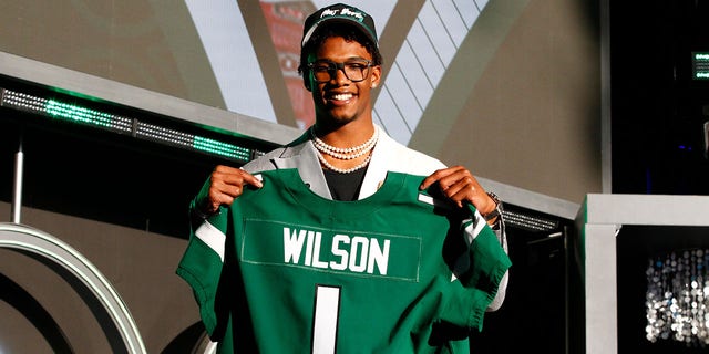 Garrett Wilson, of Ohio State University, is selected as the number 10 pick by the New York Jets during the NFL Draft on April 28, 2022 in Las Vegas, Nevada. 