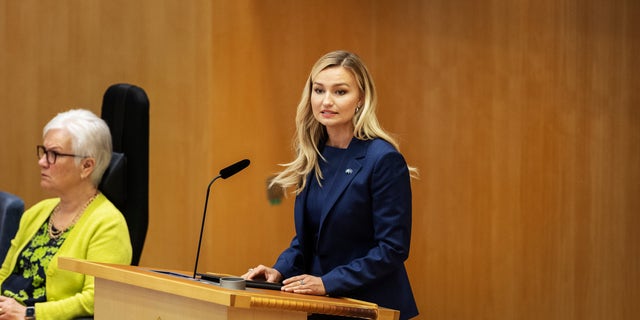 Ebba Busch, leader of the Christian Democrats, speaks about Sweden's application to join NATO May 16, 2022, in Stockholm, Sweden. 