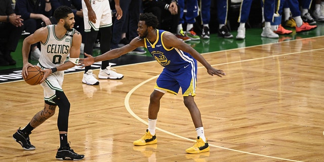 NBA Finals: Golden State Warriors Andrew Wiggins in action, defends vs Boston Celtics at TD Garden.
