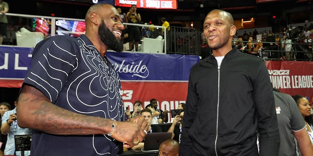 LeBron James #6 of the Los Angeles Lakers talks with General Manager of the Phoenix Suns, James Jones during the 2022 NBA Summer League at the Thomas &amp;amp; Mack Center on July 8, 2022, in Las Vegas, Nevada.  