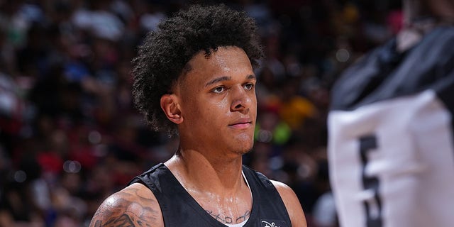 Paolo Banchero of the Orlando Magic looks on against the Sacramento Kings during the 2022 Las Vegas Summer League on July 9, 2022, at the Thomas and Mack Center in Las Vegas, Nevada. 