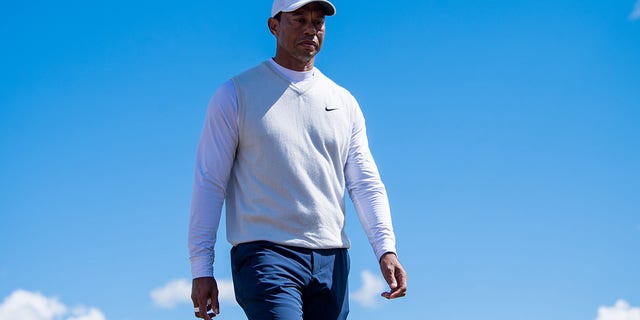 Tiger Woods approaches the 17th tee during Day Two of The 150th Open at St Andrews Old Course on July 15, 2022, in St Andrews, Scotland. 