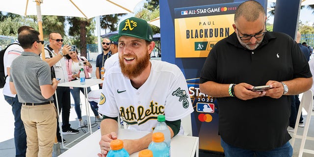 Paul Blackburn #58 of the Oakland Athletics speaks with the media during the American League Media Availability at Dodger Stadium on Monday, July 18, 2022 in Los Angeles, California. 