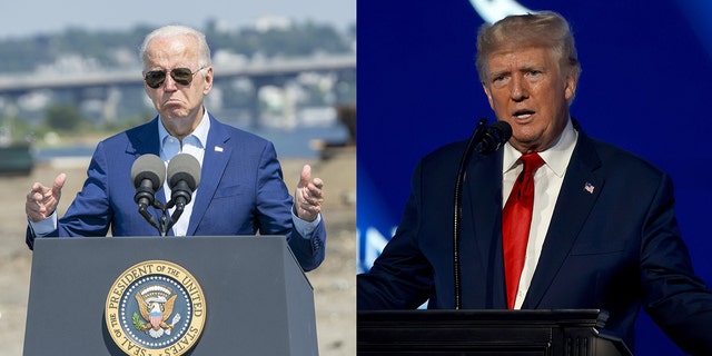 A photo combination of President Joe Biden and former President Donald Trump. Biden speaks at the former Brayton Point Power Station in Somerset, Massachusetts, on July 20, 2022. Trump speaks at the Tampa Convention Center in Tampa, Florida on July 23, 2022. 