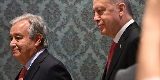 United Nations (UN) Secretary-General Antonio Guterres (L) and Turkish President Recep Tayyip Erdogan (R) arrive for a signature ceremony of an initiative on the safe transportation of grain and foodstuffs from Ukrainian ports, in Istanbul, on July 22, 2022. 