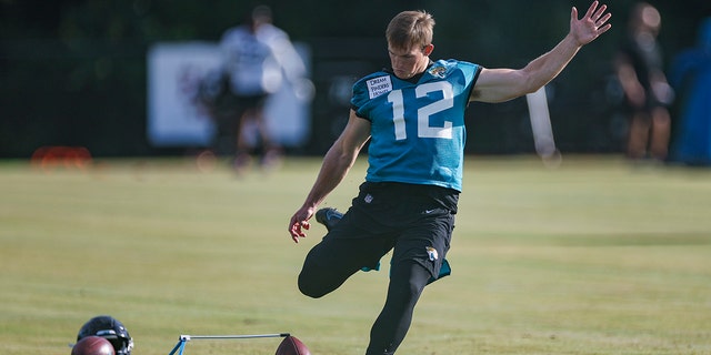 Jacksonville Jaguars kicker Andrew Mevis (12) during training camp July 26, 2022, at Episcopal School of Jacksonville in Jacksonville, Fla.