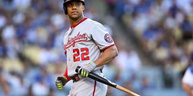 Washington Nationals' Juan Soto reacts after grounding out during first-inning action at Dodger Stadium on July 26, 2022.