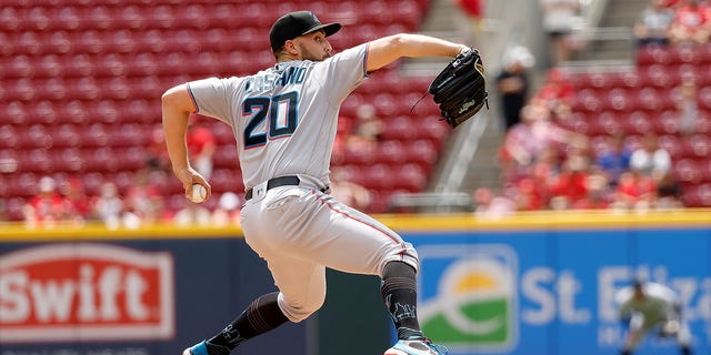 Daniel Castano of the Miami Marlins throws a pitch during the first inning against the Cincinnati Reds at Great American Ball Park, July 28, 2022, in Cincinnati, Ohio.