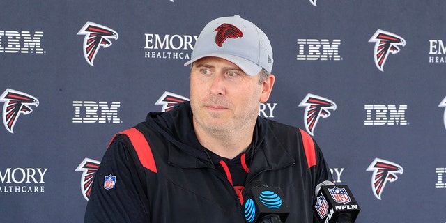 Atlanta Falcons head coach Arthur Smith fields questions in the post-practice media session following Saturday morning workouts July, 30, 2022, in Flowery Branch, Ga.  