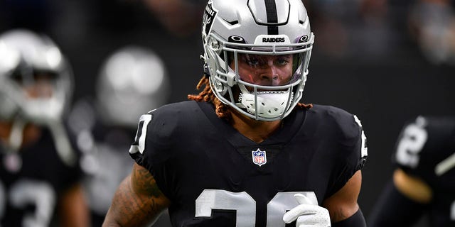 Cornerback Damon Arnette #20 of the Las Vegas Raiders warms up before a preseason game against the Seattle Seahawks at Allegiant Stadium on Aug. 14, 2021 in Las Vegas, Nevada. The Raiders defeated the Seahawks 20-7.