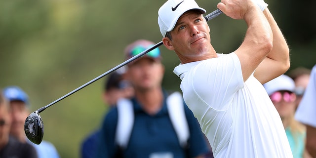 Paul Casey of England plays his shot from the 18th tee during a practice round prior to the Masters at Augusta National Golf Club on April 04, 2022 in Augusta, Georgia. 