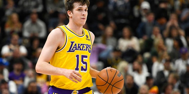 Austin Reaves of the Los Angeles Lakers in action during the first half of a game against the Utah Jazz at Vivint Smart Home Arena March 31, 2022, in Salt Lake City, Utah. 