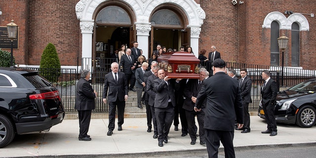 Funeral services for the acting mafia boss of the Colombo crime family, Andrew Russo, are held at Our Lady of Peace church on April 23, 2022, in the Gowanus neighborhood of Brooklyn, New York. Russo, 87, paid ten million dollars to be out on bail after being indicted for threatening a union and died of natural causes. 