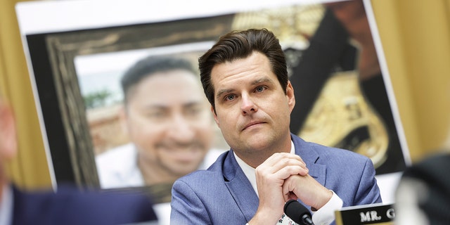 Rep Matt Gaetz, R-FL, questions U.S. Homeland Security Secretary Alejandro Mayorkas before the House Judiciary Committee in Washington, DC on April 28, 2022. 