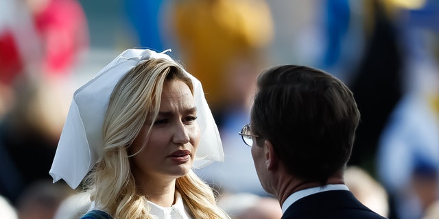 Ebba Busch and Ulf Kristersson speak during a ceremony celebrating Sweden's national day at Skansen June 6, 2022, in Stockholm, Sweden. 