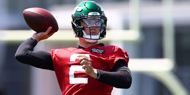 Quarterback Zach Wilson, #2 of the New York Jets, during New York Jets mandatory minicamp at Atlantic Health Jets Training Center on June 15, 2022 in Florham Park, New Jersey. 