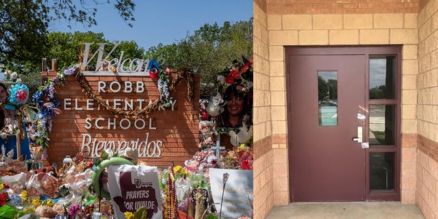 A photo combination of a Robb Elementary School sign and the west entrance door of the school. The sign is covered in flowers and gifts on June 17, 2022 in Uvalde, Texas, the location of a May mass shooting that killed 19 students and two teachers.