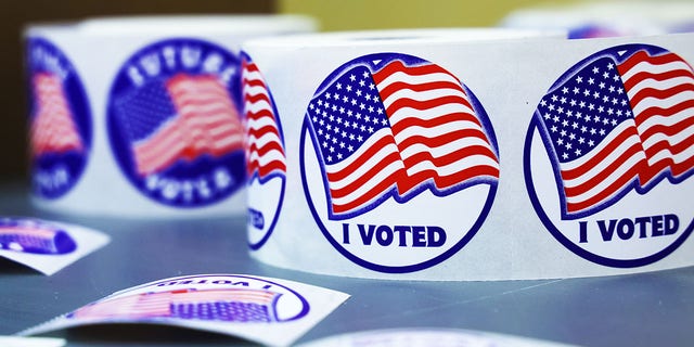 "I Voted" stickers are seen at a polling station at Rose Hill Elementary School during the midterm primary election on June 21, 2022 in Alexandria, Virginia.