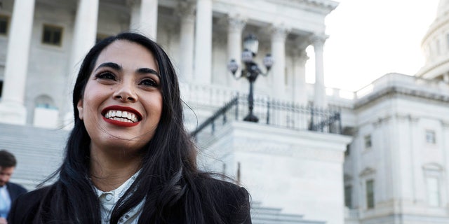 Rep. Mayra Flores, R-Texas, is interviewed by a reporter outside the Capitol Building after being sworn in on June 21, 2022 in Washington, DC.