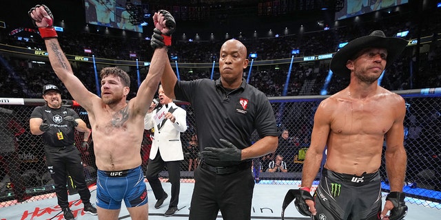 Jim Miller reacts to his win over Donald Cerrone in a welterweight fight during the UFC 276 event at T-Mobile Arena on July 02, 2022 in Las Vegas, Nevada. (Photo by Jeff Bottari/Zuffa LLC)