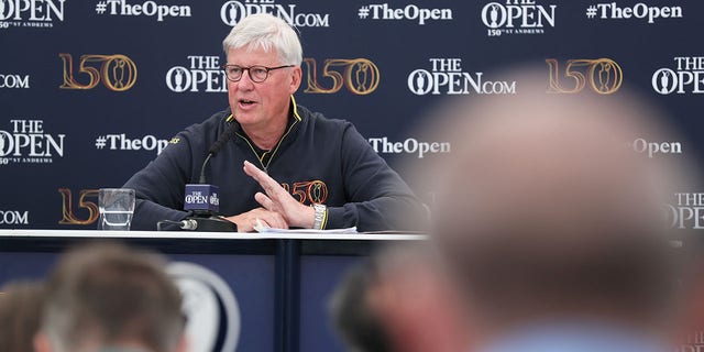 Martin Slumbers, Chief Executive of the R&amp;amp;A, speaks during a press conference during a practice round prior to The 150th Open at St Andrews Old Course on July 13, 2022, in St Andrews, Scotland. 