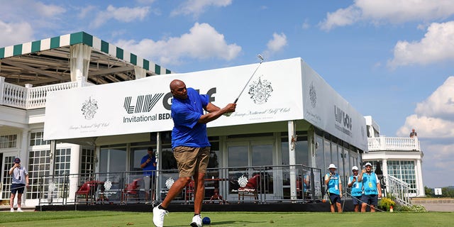 Charles Barkley plays his shot from the 16th tee during the pro-am prior to the LIV Golf Invitational - Bedminster at Trump National Golf Club in Bedminster, N.J., on July 28, 2022.