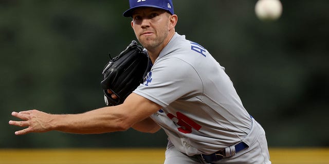 Starting pitcher Tyler Anderson, #31 of the Los Angeles Dodgers, throws against the Colorado Rockies in the first inning at Coors Field on July 28, 2022 in Denver, Colorado. 