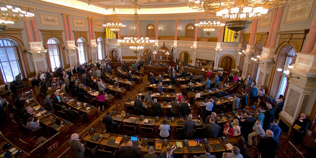 An interior view of the capitol dome and main lobby of the Kansas statehouse inTopeka.