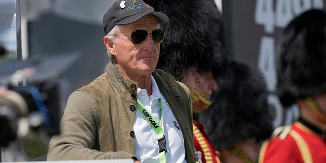 LIV Golf CEO Greg Norman stands on a tee box during the final round of the inaugural LIV Golf Invitational at the Centurion Club in St. Albans, England, June 11, 2022.