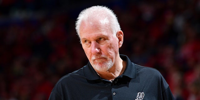 Head Coach Gregg Popovich of the San Antonio Spurs looks on during the game against the New Orleans Pelicans during the 2022 play-in tournament on April 13, 2022 at the Smoothie King Center in New Orleans, Louisiana. 