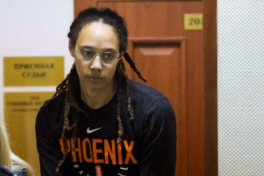 Brittney Griner is escorted before a court hearing in Khimki outside Moscow, Russia on July 27, 2022. 