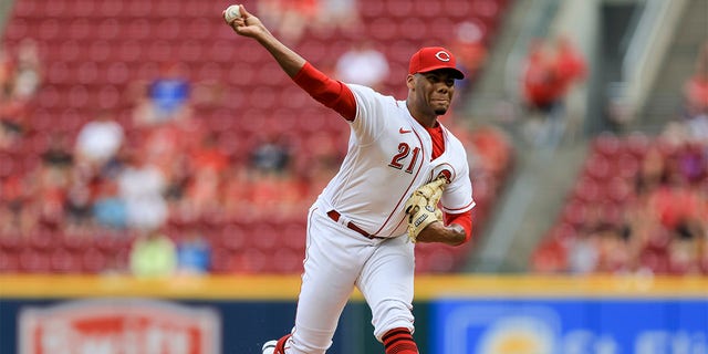 Cincinnati Reds' Hunter Greene throws during the first inning of a baseball game against the Miami Marlins in Cincinnati, Tuesday, July 26, 2022. 