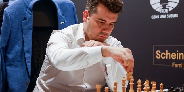 Ian Nepomniachtchi, of Russia, competes against Richard Rapport, of Hungary, in round 12 of the FIDE Candidates Chess Tournament at the Santoña Palace on July 3, 2022, in Madrid, Spain.