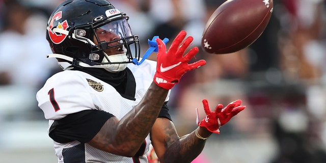 Isaiah Zuber of the Houston Gamblers catches the ball in the fourth quarter of the game against the Birmingham Stallions at Protective Stadium on June 11, 2022, in Birmingham, Ala.