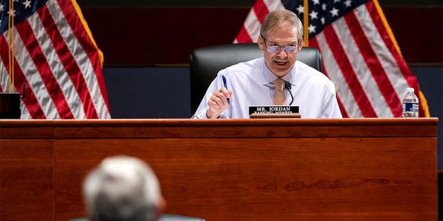 Rep. Jim Jordan, R-Ohio, questions Attorney General Merrick Garland during a House Judiciary Committee oversight hearing of the Department of Justice on Capitol Hill in Washington, D.C., Oct. 21, 2021. 