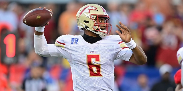 Birmingham Stallions quarterback J'Mar Smith throws a pass during the first half of a USFL football game against the Philadelphia Stars for the league championship, Sunday, July. 3, 2022, in Canton, Ohio. 