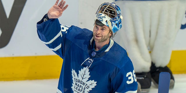 Toronto Maple Leafs goaltender Jack Campbell (36) waves to the crowd after being voted the first star after a shutout performance in a 5-0 win over the Tampa Bay Lightning in Game 1 of an NHL hockey Stanley Cup first-round playoff series, Monday, May 2, 2022 in Toronto. The Edmonton Oilers have agreed to terms with Jack Campbell, a person with knowledge of the move spoke to The Associated Press on condition of anonymity Wednesday, July 13, 2022, because the deal had not been announced. 