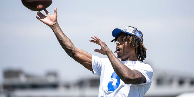 Los Angeles Rams cornerback Jalen Ramsey throws during NFL football practice Monday, July 25, 2022, in Irvine, Calif. 