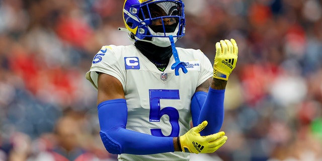 Los Angeles Rams cornerback Jalen Ramsey (5) during a game between the Los Angeles Rams and the Houston Texans at NRG Stadium on October 31, 2021 in Houston, Texas. 