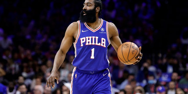 James Harden, #1 of the Philadelphia 76ers, in Game Six of the 2022 NBA Playoffs Eastern Conference Semifinals at Wells Fargo Center on May 12, 2022 in Philadelphia, Pennsylvania.