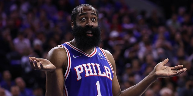 James Harden of Philadelphia 76ers reacts during NBA semifinals between Philadelphia 76ers and Miami Heat at the Wells Fargo Center in Philadelphia, Pennsylvania, United States on May 12, 2022.