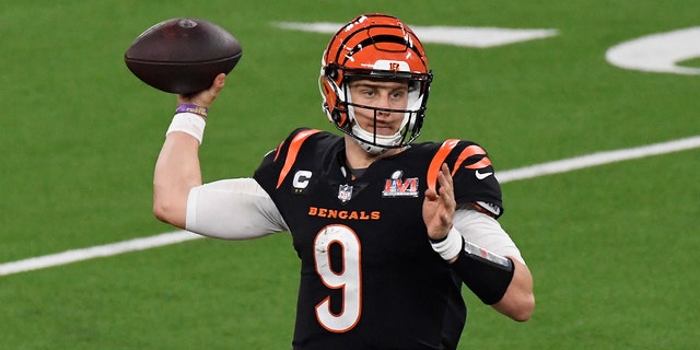 Joe Burrow of the Cincinnati Bengals looks to pass against the Los Angeles Rams during Super Bowl LVI at SoFi Stadium on Feb. 13, 2022, in Inglewood, California.