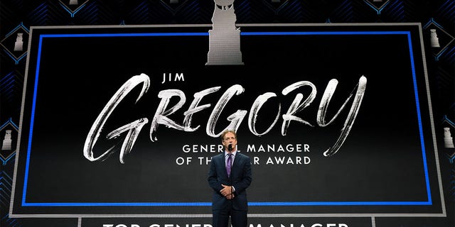 Joe Sakic of the Colorado Avalanche speaks on stage after being awarded with the Jim Gregory General Manager of the Year Award during Round One of the 2022 Upper Deck NHL Draft at Bell Centre on July 07, 2022 in Montreal, Quebec, Canada. 